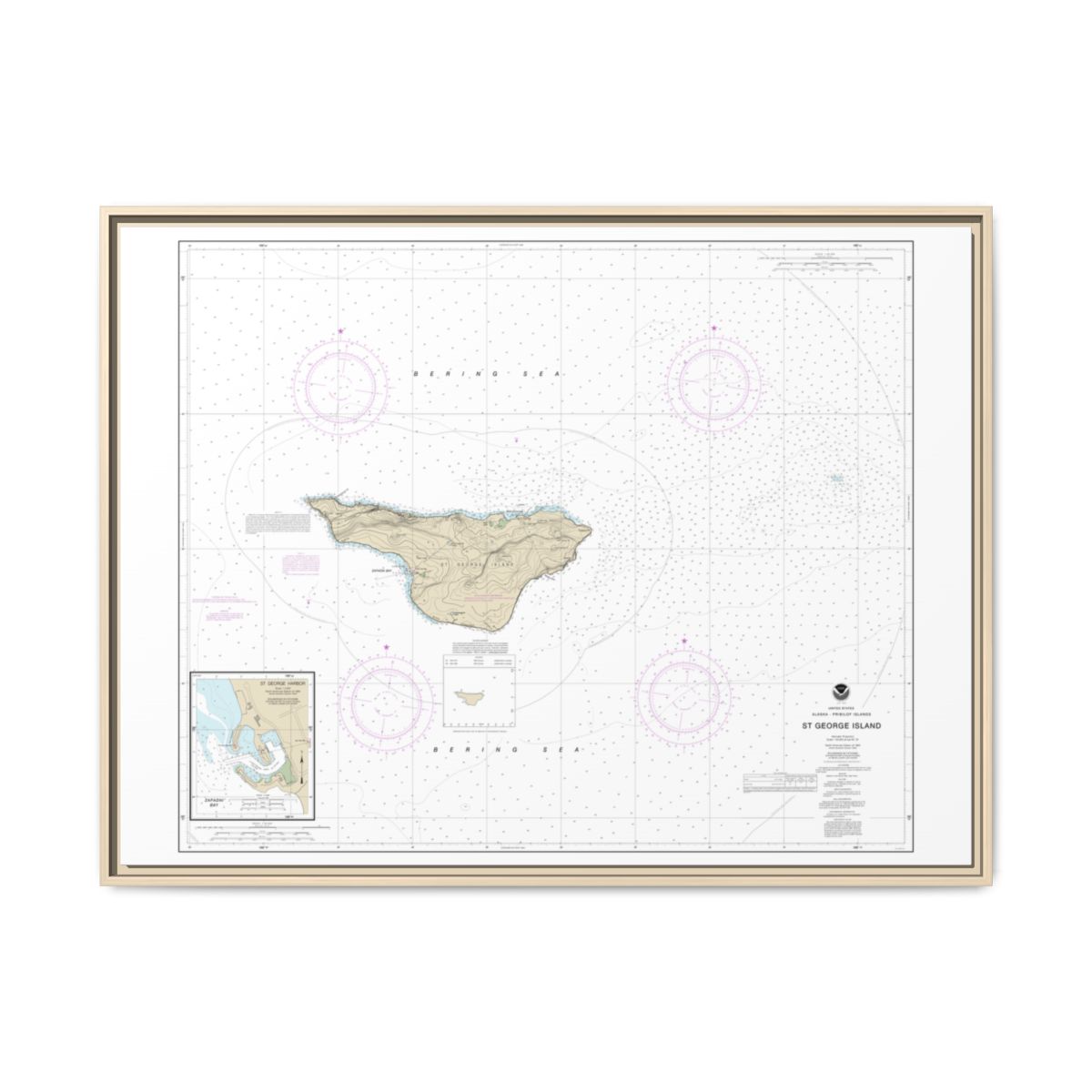 Chart 16381 St. George Island, Pribilof Islands - NOAA Nautical Chart Floating Frame Canvas | 32" x 24" | 40" x 30" - Natural front