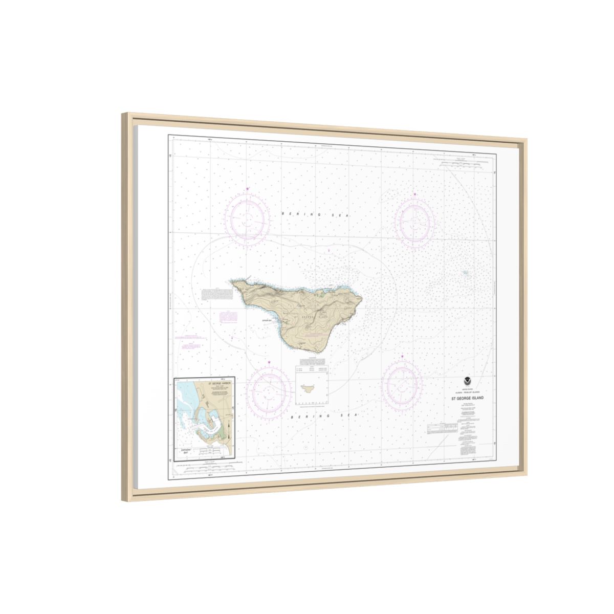 Chart 16381 St. George Island, Pribilof Islands - NOAA Nautical Chart Floating Frame Canvas | 32" x 24" | 40" x 30" - Natural side