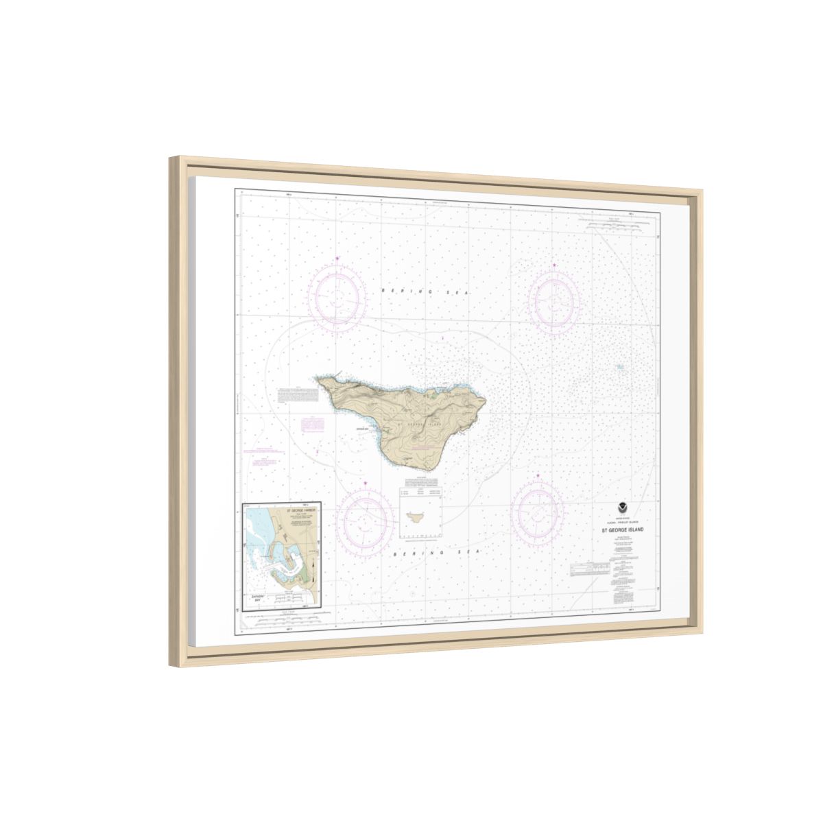 Chart 16381 St. George Island, Pribilof Islands - NOAA Nautical Chart Floating Frame Canvas | 32" x 24" | 40" x 30" - Natural side
