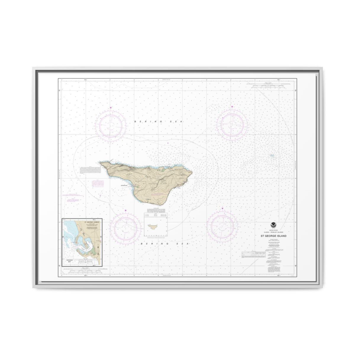 Chart 16381 St. George Island, Pribilof Islands - NOAA Nautical Chart Floating Frame Canvas | 32" x 24" | 40" x 30" - White front