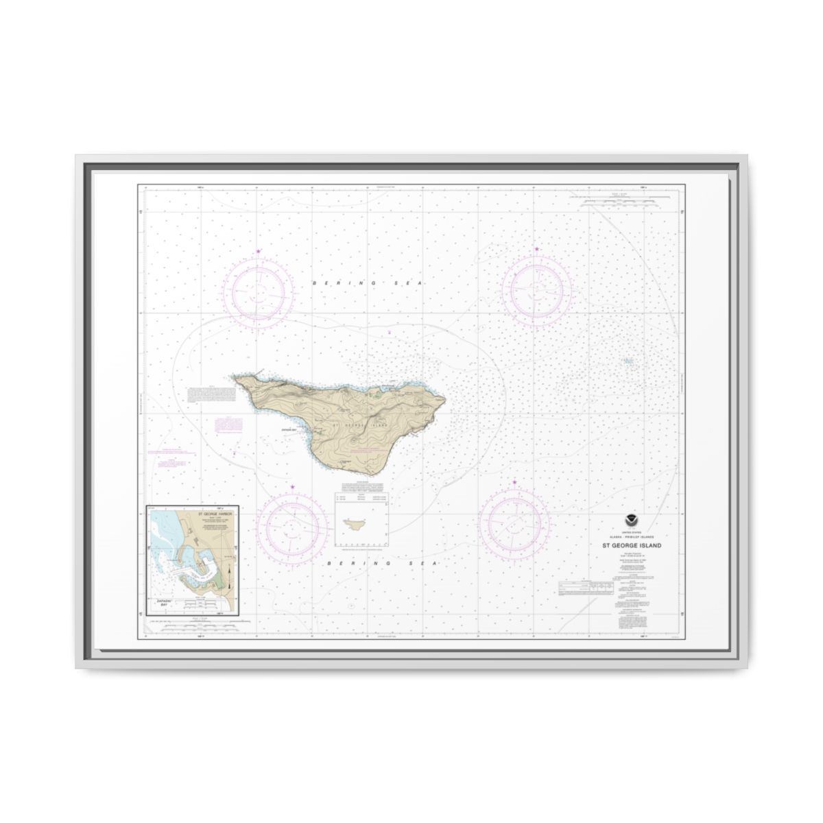 Chart 16381 St. George Island, Pribilof Islands - NOAA Nautical Chart Floating Frame Canvas | 32" x 24" | 40" x 30" - White front
