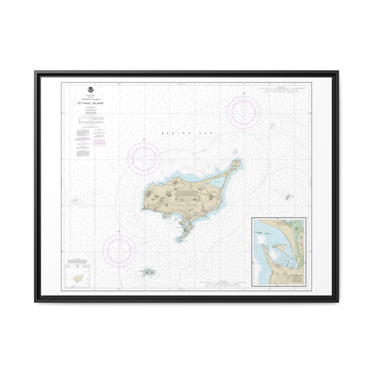 Chart 16382 St. Paul Island, Pribilof Islands - NOAA Nautical Chart Floating Frame Canvas | 32" x 24" | 40" x 30" - Black front
