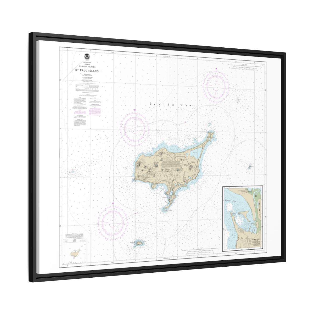 Chart 16382 St. Paul Island, Pribilof Islands - NOAA Nautical Chart Floating Frame Canvas | 32" x 24" | 40" x 30" - Black side