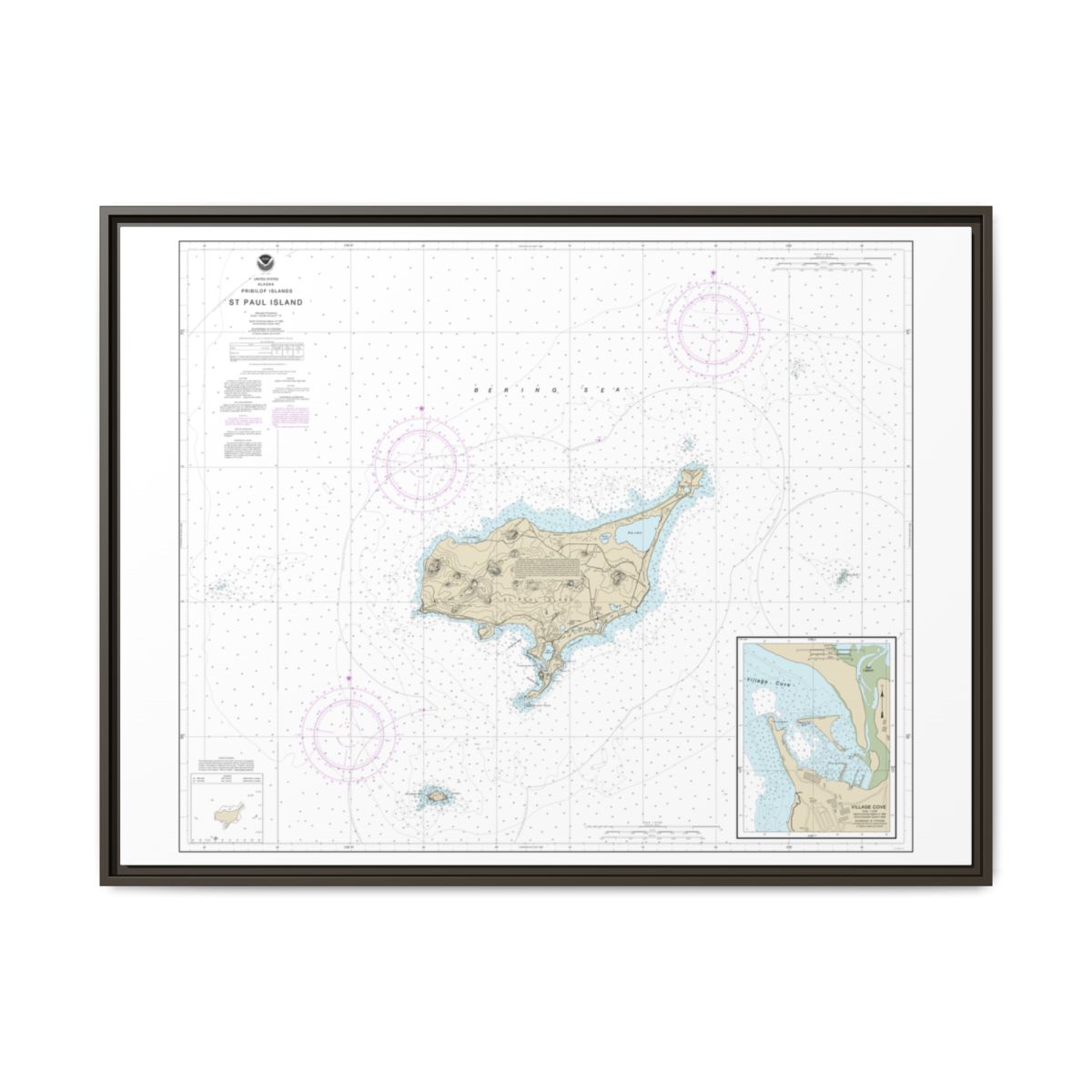 Chart 16382 St. Paul Island, Pribilof Islands - NOAA Nautical Chart Floating Frame Canvas | 32" x 24" | 40" x 30" - Espresso front