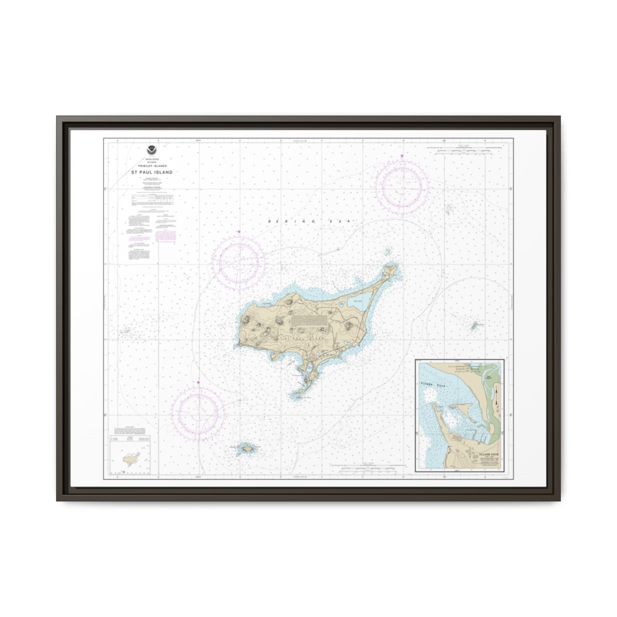 Chart 16382 St. Paul Island, Pribilof Islands - NOAA Nautical Chart Floating Frame Canvas | 32" x 24" | 40" x 30" - Espresso front