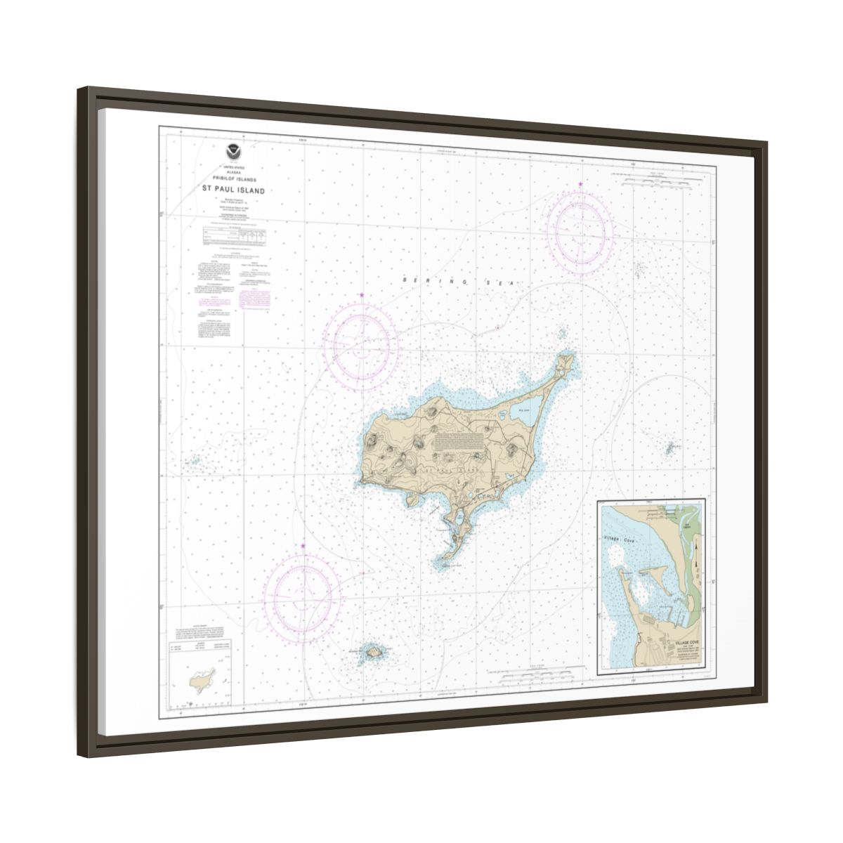 Chart 16382 St. Paul Island, Pribilof Islands - NOAA Nautical Chart Floating Frame Canvas | 32" x 24" | 40" x 30" - Espresso side