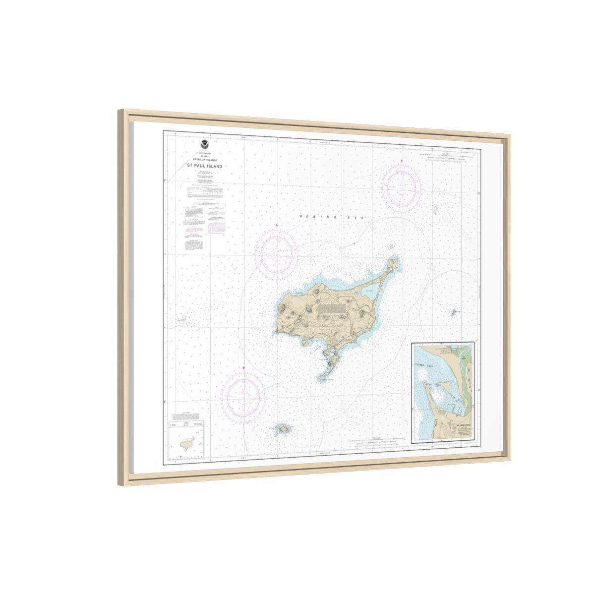 Chart 16382 St. Paul Island, Pribilof Islands - NOAA Nautical Chart Floating Frame Canvas | 32" x 24" | 40" x 30" - Natural side