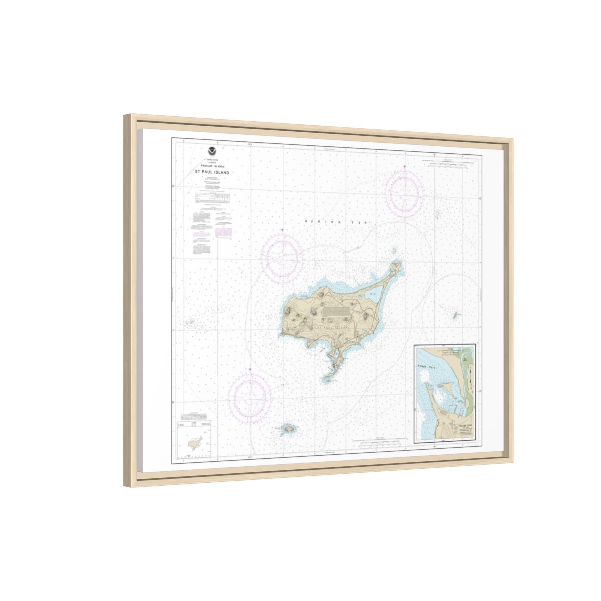 Chart 16382 St. Paul Island, Pribilof Islands - NOAA Nautical Chart Floating Frame Canvas | 32" x 24" | 40" x 30" - Natural side