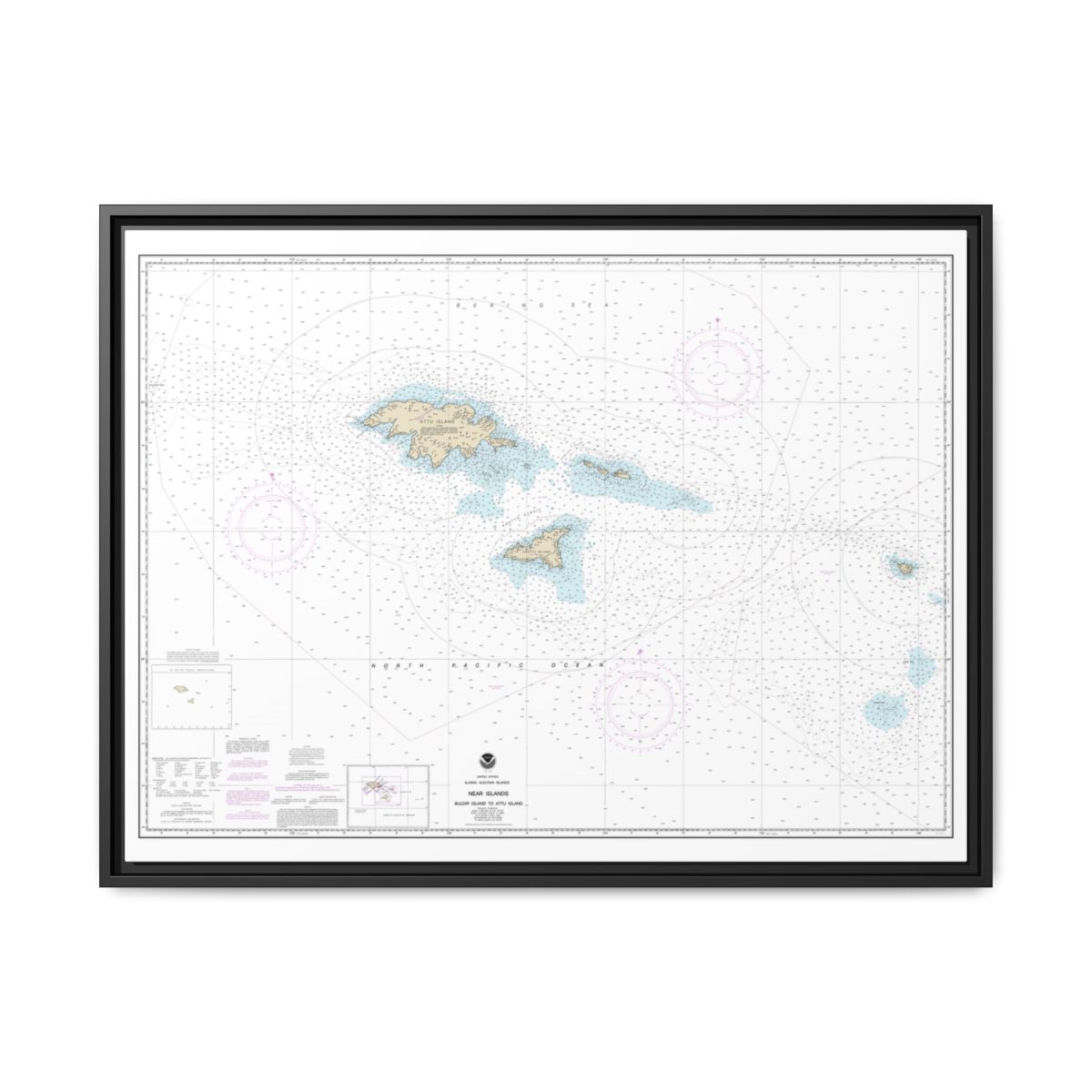 Chart 16420 Near Islands Buldir Island to Attu Island - NOAA Nautical Chart Floating Frame Canvas | 32" x 24" | 40" x 30" - Black front