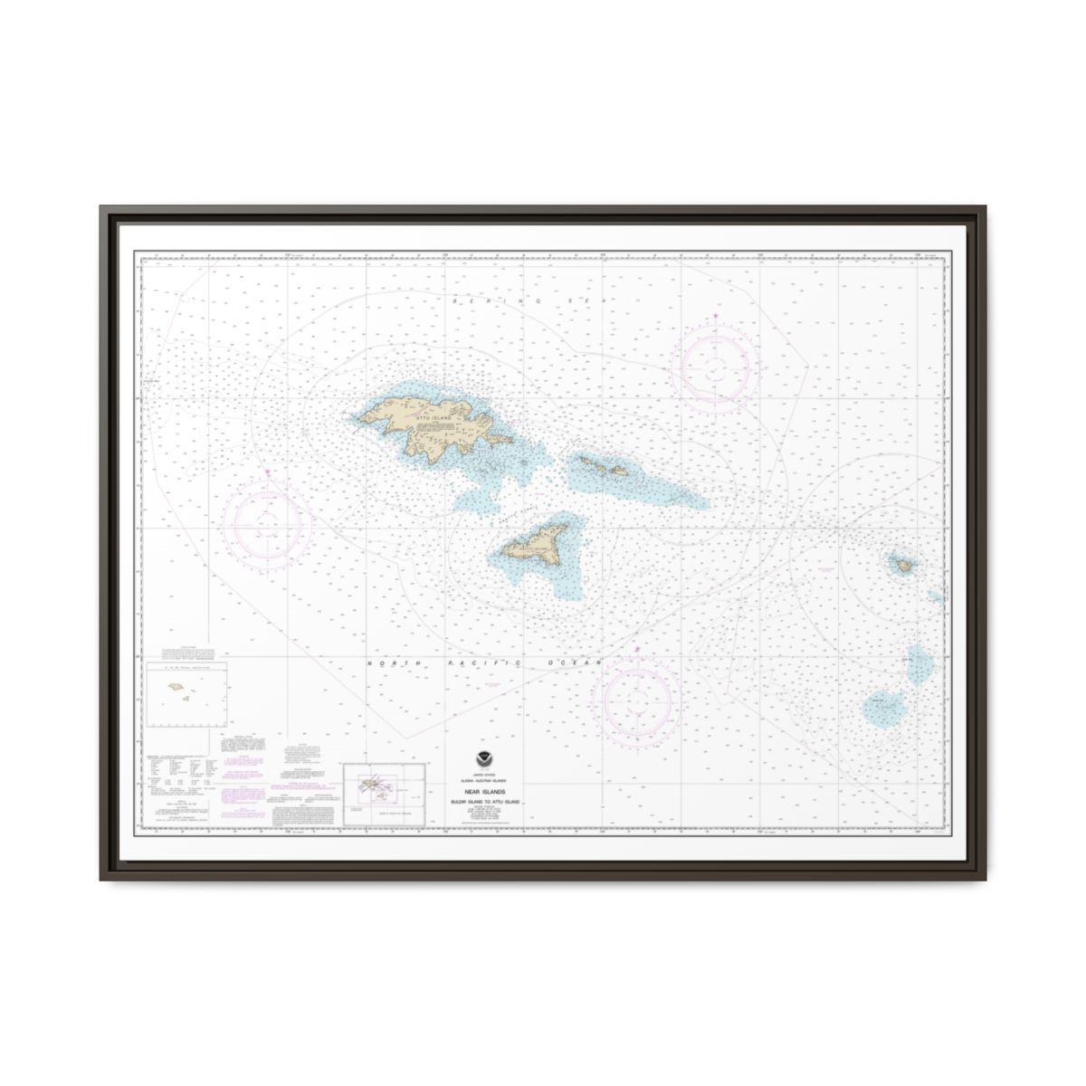 Chart 16420 Near Islands Buldir Island to Attu Island - NOAA Nautical Chart Floating Frame Canvas | 32" x 24" | 40" x 30" - Espresso front