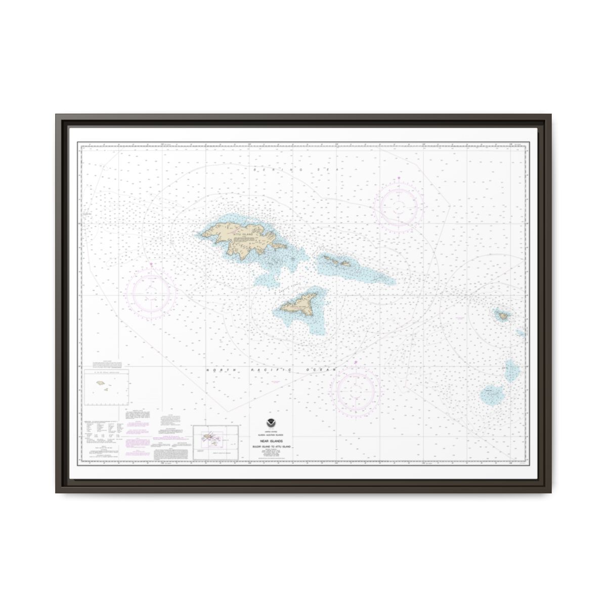 Chart 16420 Near Islands Buldir Island to Attu Island - NOAA Nautical Chart Floating Frame Canvas | 32" x 24" | 40" x 30" - Espresso front