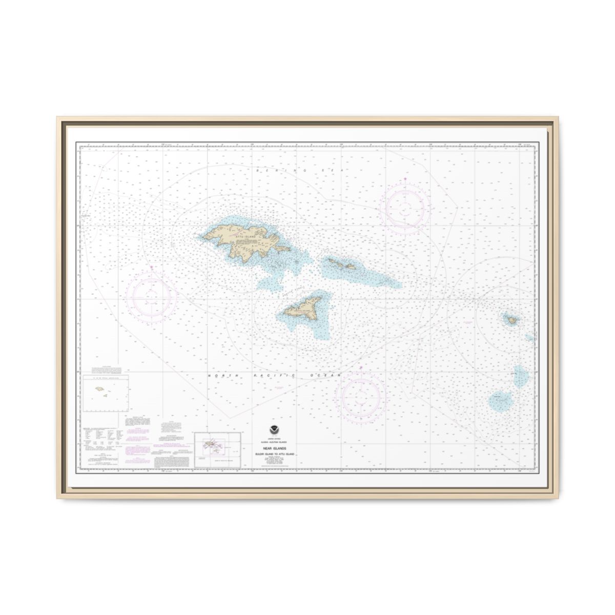 Chart 16420 Near Islands Buldir Island to Attu Island - NOAA Nautical Chart Floating Frame Canvas | 32" x 24" | 40" x 30" - Natural front
