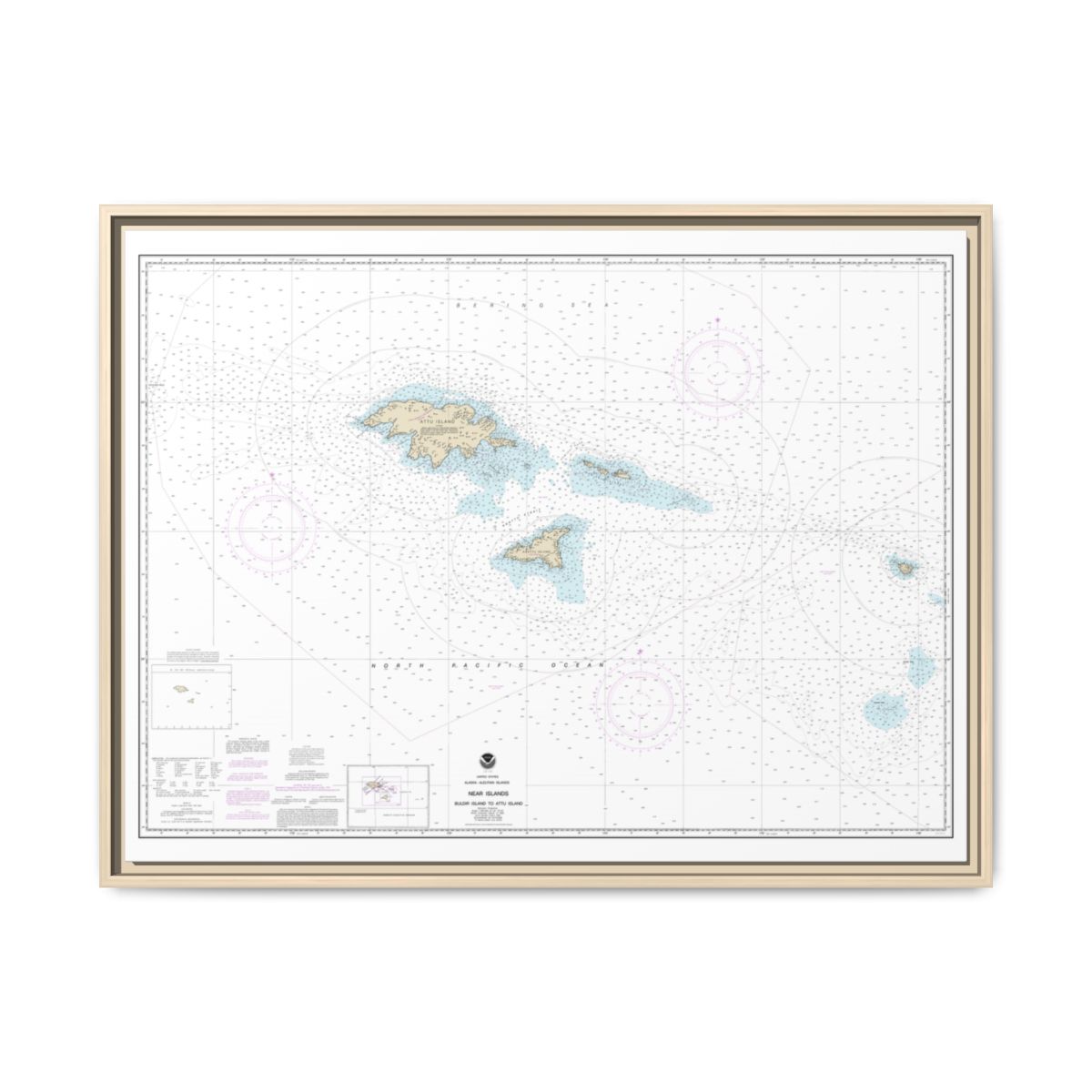 Chart 16420 Near Islands Buldir Island to Attu Island - NOAA Nautical Chart Floating Frame Canvas | 32" x 24" | 40" x 30" - Natural front