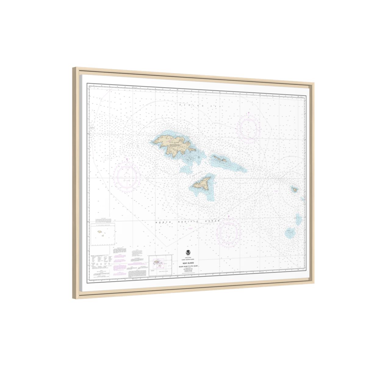 Chart 16420 Near Islands Buldir Island to Attu Island - NOAA Nautical Chart Floating Frame Canvas | 32" x 24" | 40" x 30" - Natural side