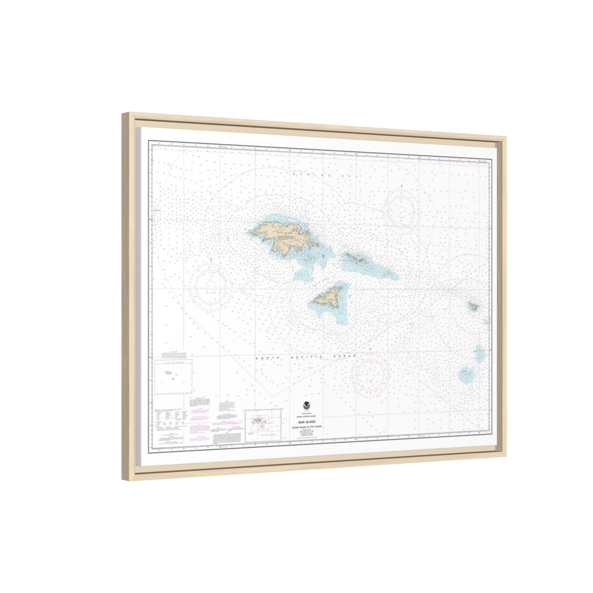Chart 16420 Near Islands Buldir Island to Attu Island - NOAA Nautical Chart Floating Frame Canvas | 32" x 24" | 40" x 30" - Natural side