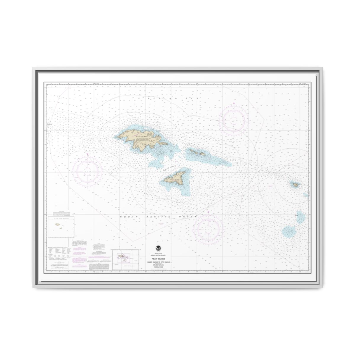 Chart 16420 Near Islands Buldir Island to Attu Island - NOAA Nautical Chart Floating Frame Canvas | 32" x 24" | 40" x 30" - White front
