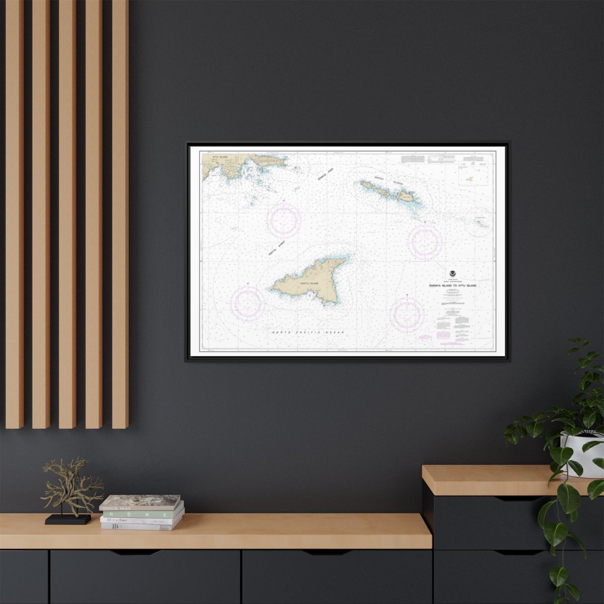 Chart 16423 Shemya Island to Attu Island - NOAA Nautical Chart Floating Frame Canvas | 30" x 20" | 36" x 24" | 48" x 32" - Black context-2