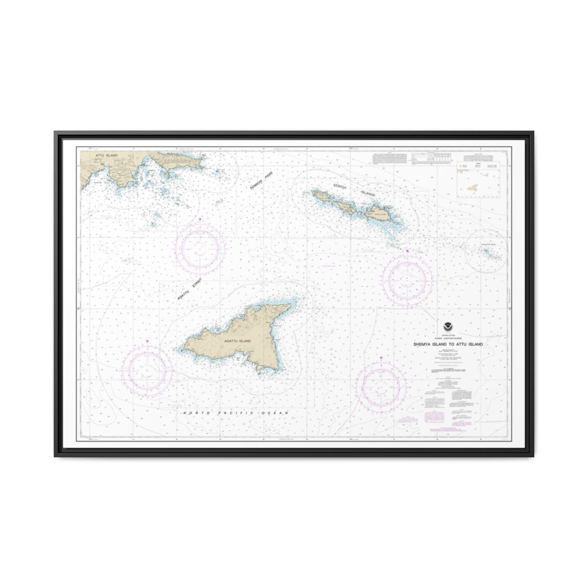Chart 16423 Shemya Island to Attu Island - NOAA Nautical Chart Floating Frame Canvas | 30" x 20" | 36" x 24" | 48" x 32" - Black front