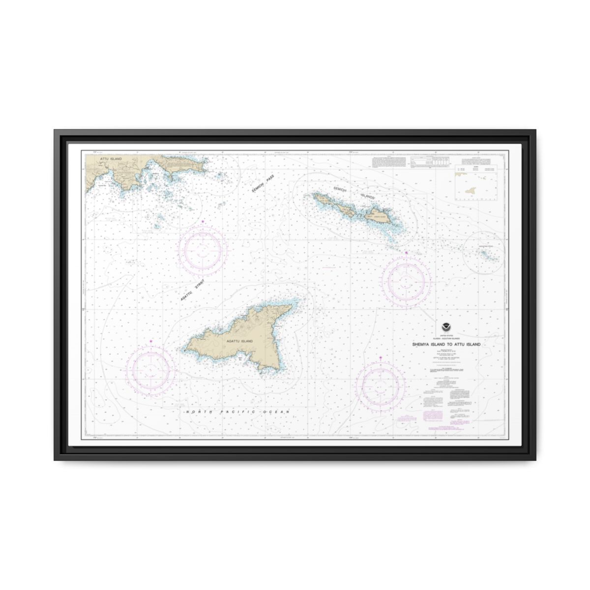Chart 16423 Shemya Island to Attu Island - NOAA Nautical Chart Floating Frame Canvas | 30" x 20" | 36" x 24" | 48" x 32" - Black front