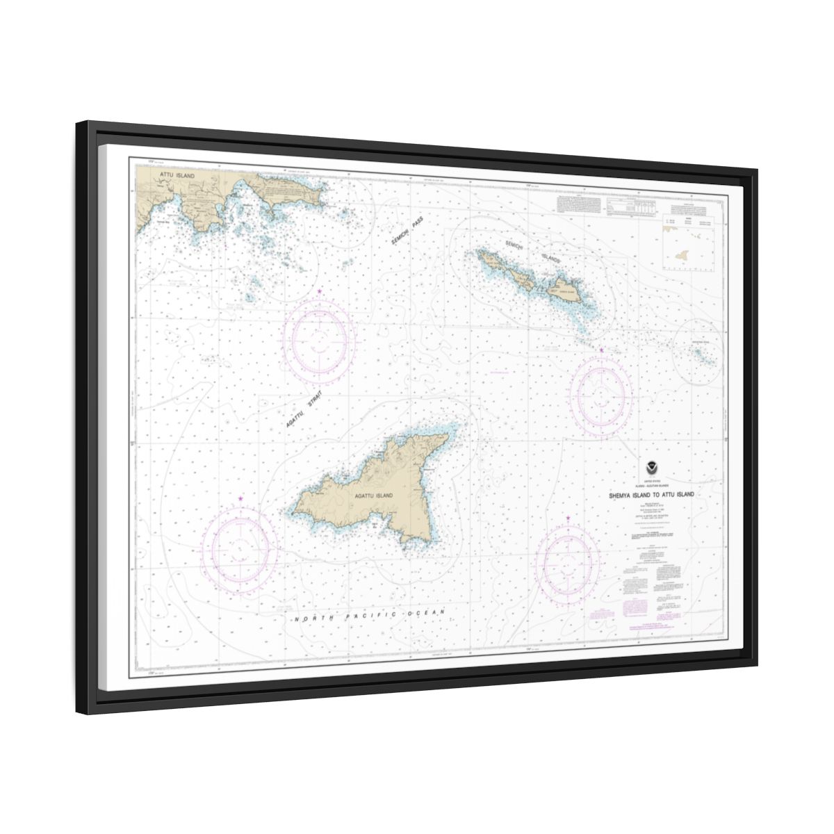 Chart 16423 Shemya Island to Attu Island - NOAA Nautical Chart Floating Frame Canvas | 30" x 20" | 36" x 24" | 48" x 32" - Black side