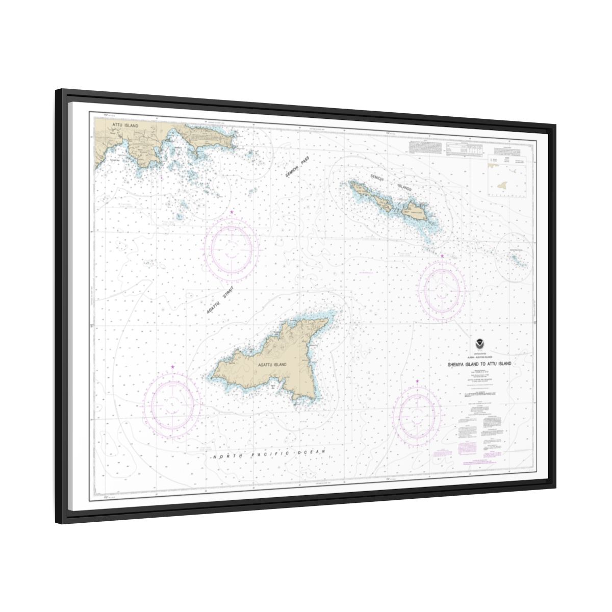 Chart 16423 Shemya Island to Attu Island - NOAA Nautical Chart Floating Frame Canvas | 30" x 20" | 36" x 24" | 48" x 32" - Black side