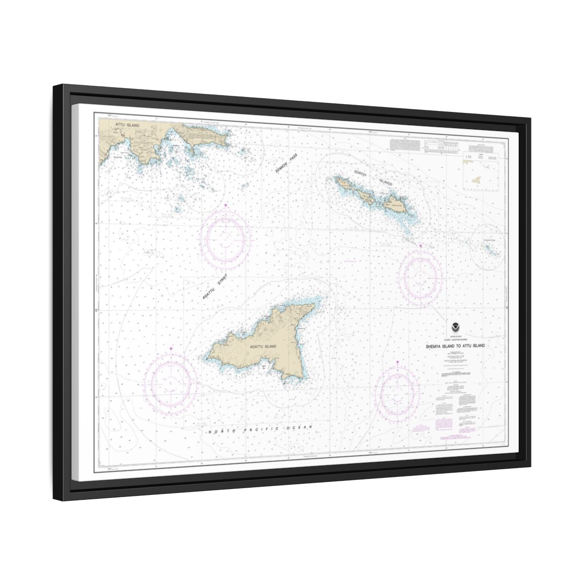 Chart 16423 Shemya Island to Attu Island - NOAA Nautical Chart Floating Frame Canvas | 30" x 20" | 36" x 24" | 48" x 32" - Black side