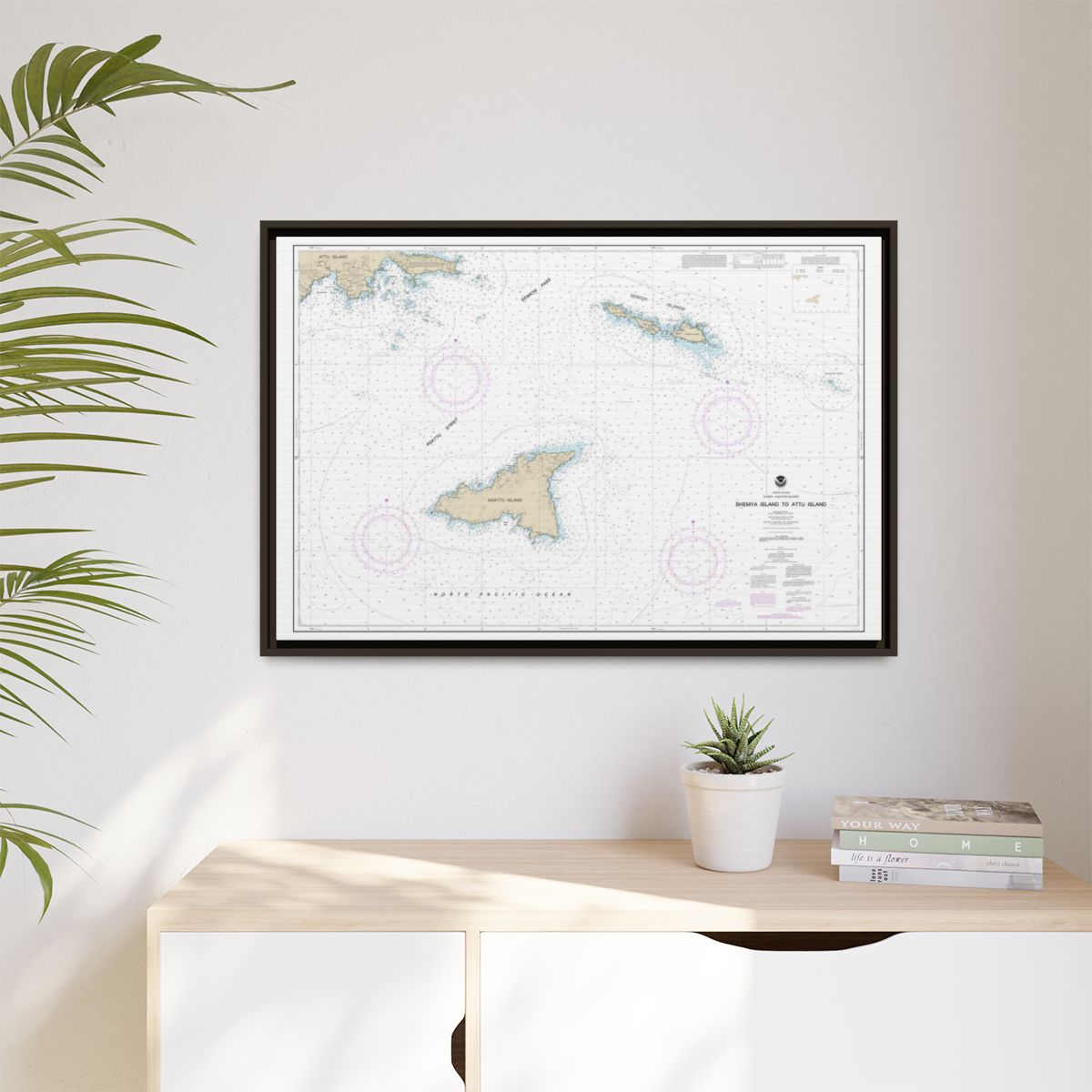 Chart 16423 Shemya Island to Attu Island - NOAA Nautical Chart Floating Frame Canvas | 30" x 20" | 36" x 24" | 48" x 32" - Espresso context-1