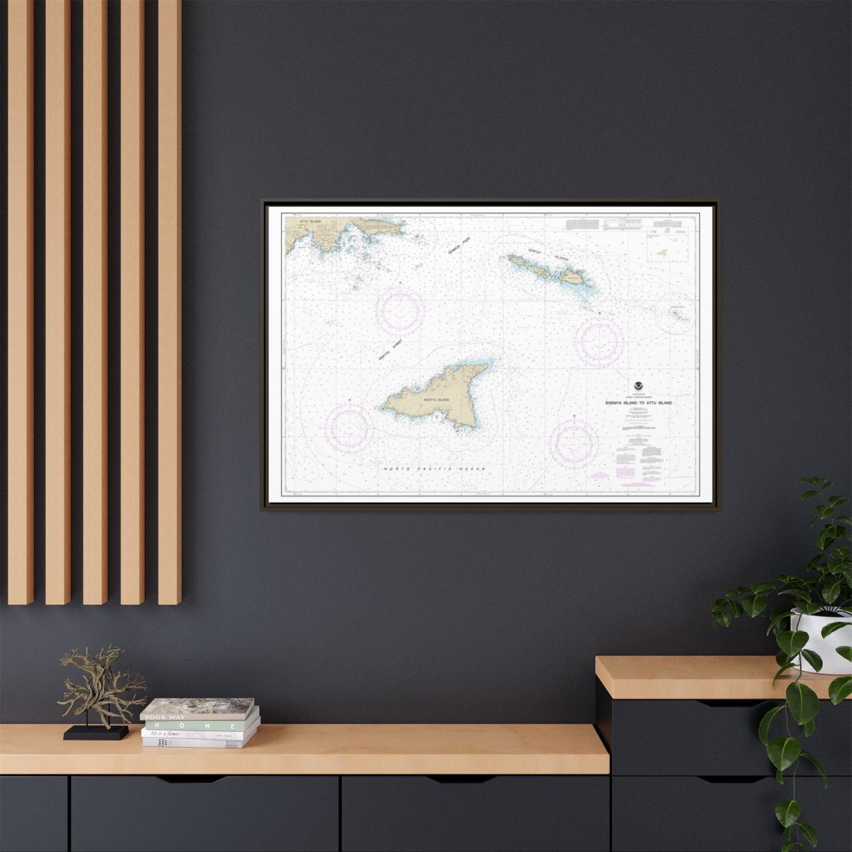 Chart 16423 Shemya Island to Attu Island - NOAA Nautical Chart Floating Frame Canvas | 30" x 20" | 36" x 24" | 48" x 32" - Espresso context-2