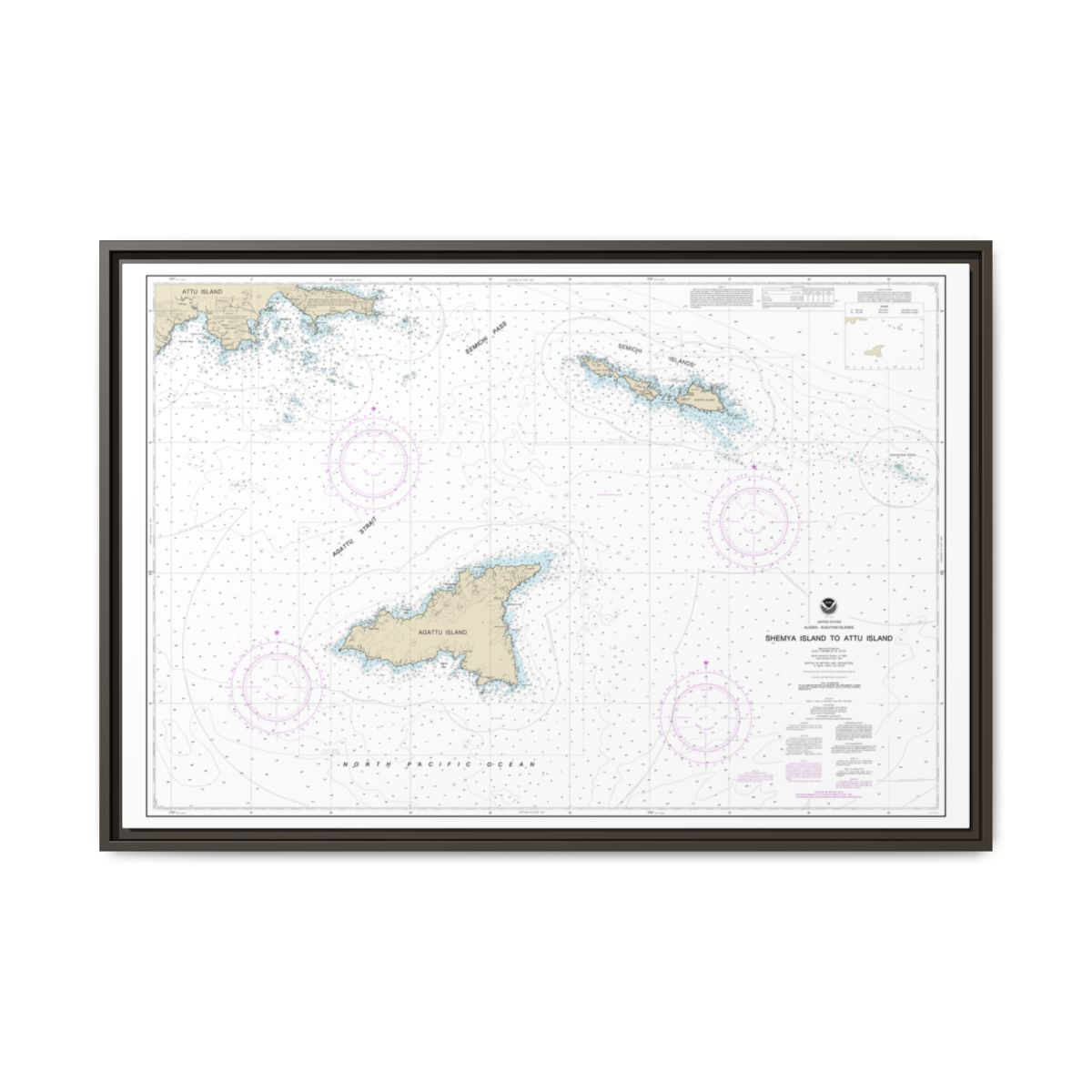 Chart 16423 Shemya Island to Attu Island - NOAA Nautical Chart Floating Frame Canvas | 30" x 20" | 36" x 24" | 48" x 32" - Espresso front