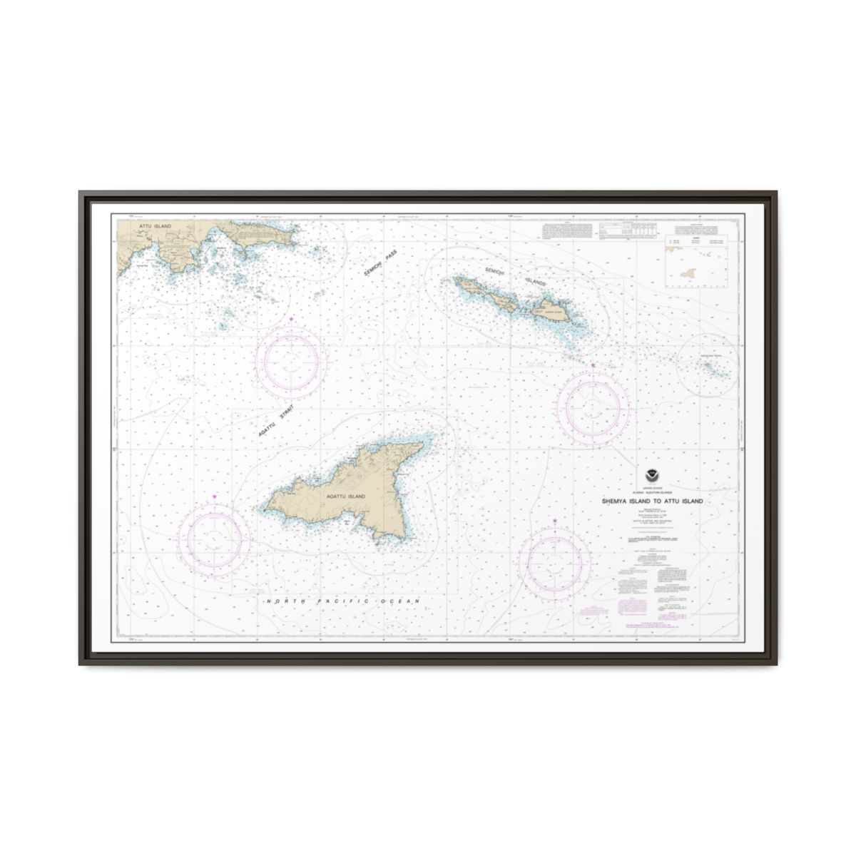 Chart 16423 Shemya Island to Attu Island - NOAA Nautical Chart Floating Frame Canvas | 30" x 20" | 36" x 24" | 48" x 32" - Espresso front