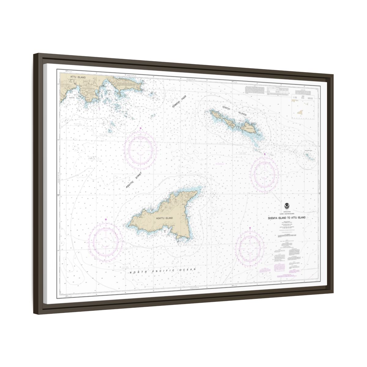 Chart 16423 Shemya Island to Attu Island - NOAA Nautical Chart Floating Frame Canvas | 30" x 20" | 36" x 24" | 48" x 32" - Espresso side