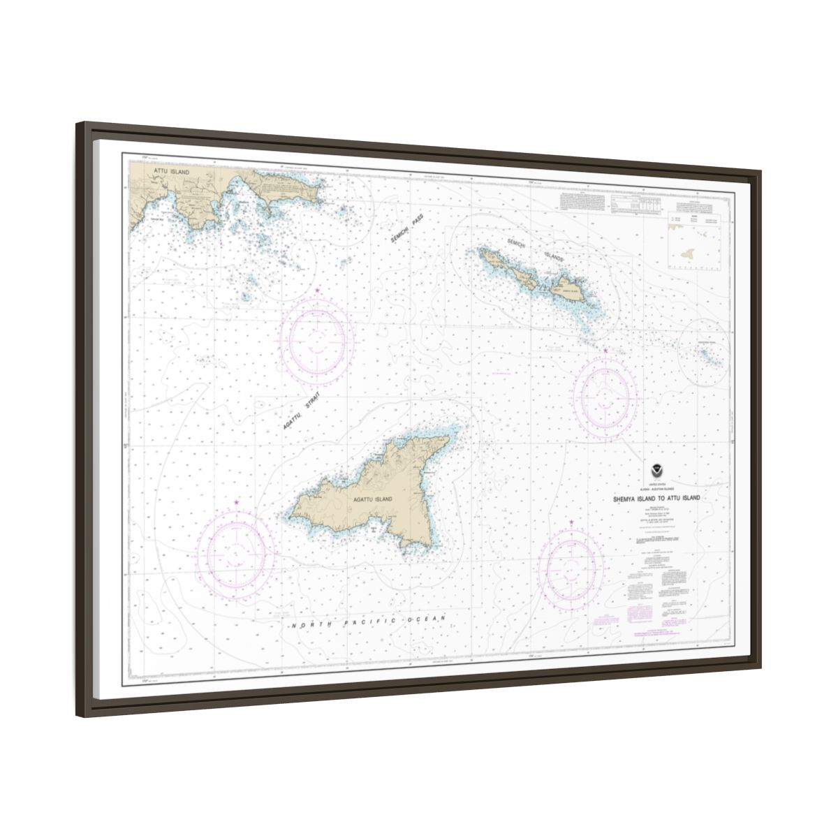 Chart 16423 Shemya Island to Attu Island - NOAA Nautical Chart Floating Frame Canvas | 30" x 20" | 36" x 24" | 48" x 32" - Espresso side