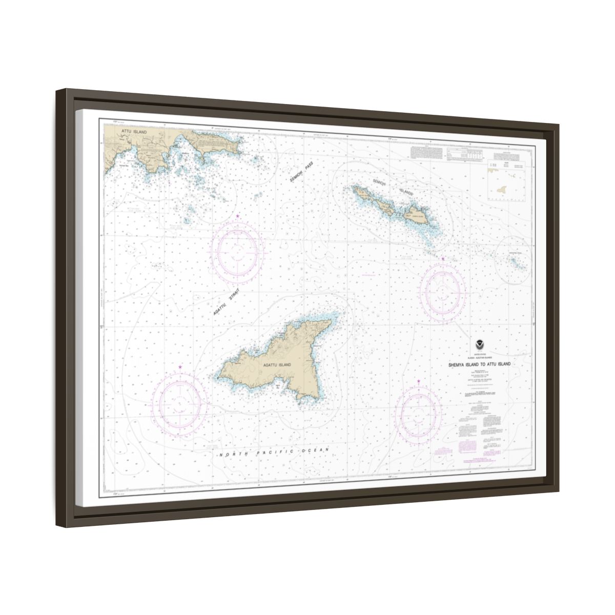 Chart 16423 Shemya Island to Attu Island - NOAA Nautical Chart Floating Frame Canvas | 30" x 20" | 36" x 24" | 48" x 32" - Espresso side
