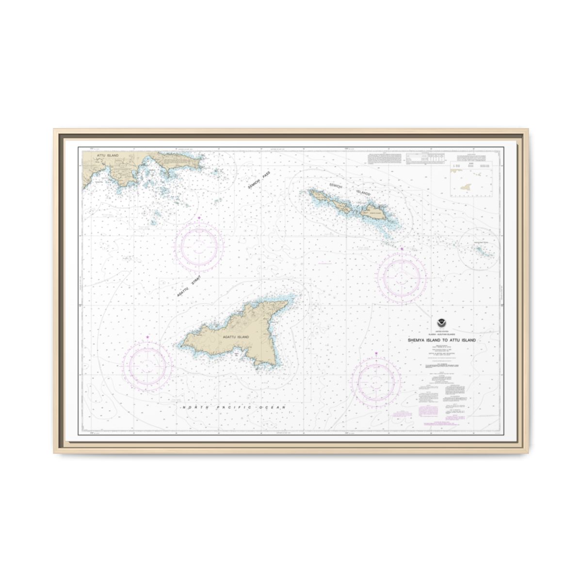 Chart 16423 Shemya Island to Attu Island - NOAA Nautical Chart Floating Frame Canvas | 30" x 20" | 36" x 24" | 48" x 32" - Natural front