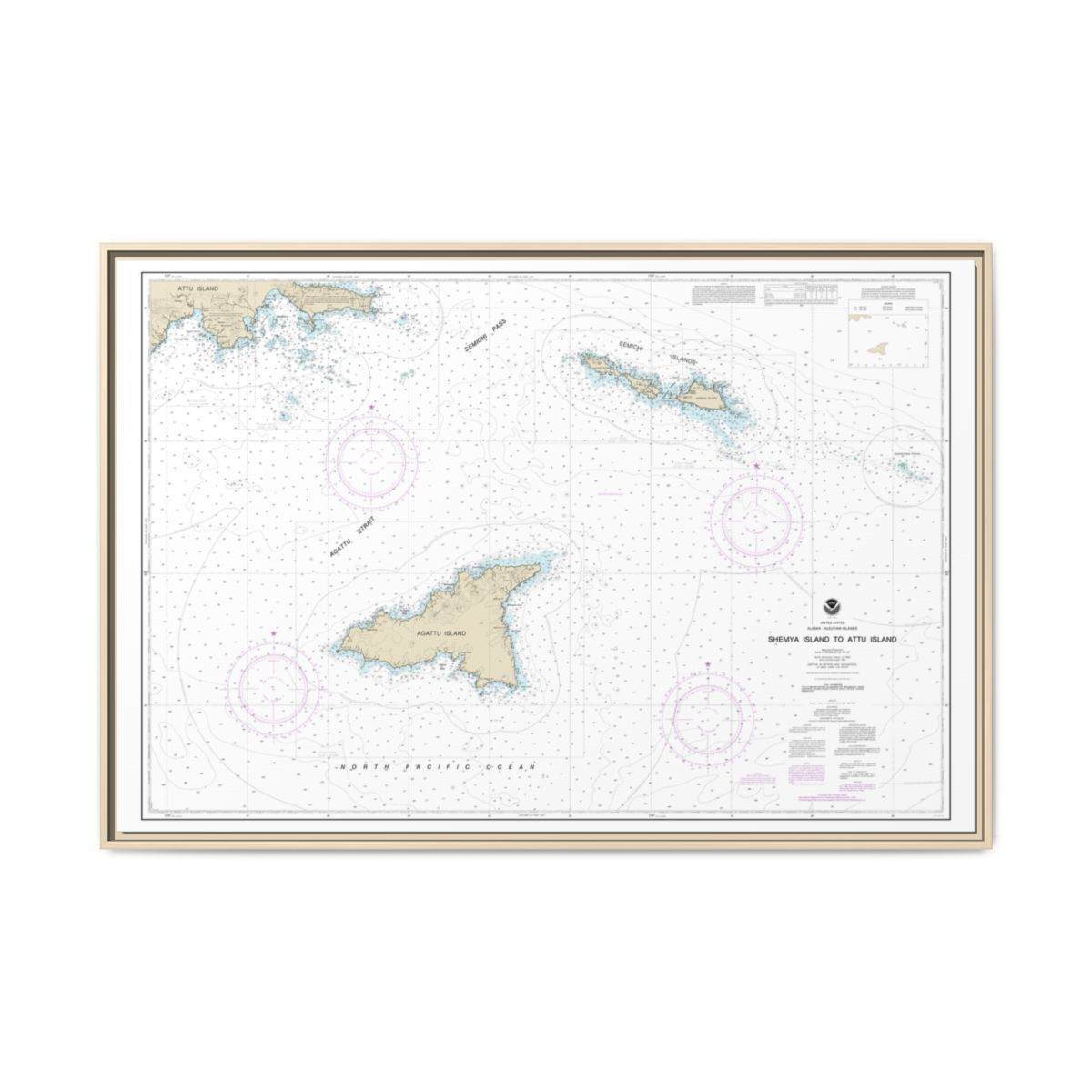 Chart 16423 Shemya Island to Attu Island - NOAA Nautical Chart Floating Frame Canvas | 30" x 20" | 36" x 24" | 48" x 32" - Natural front