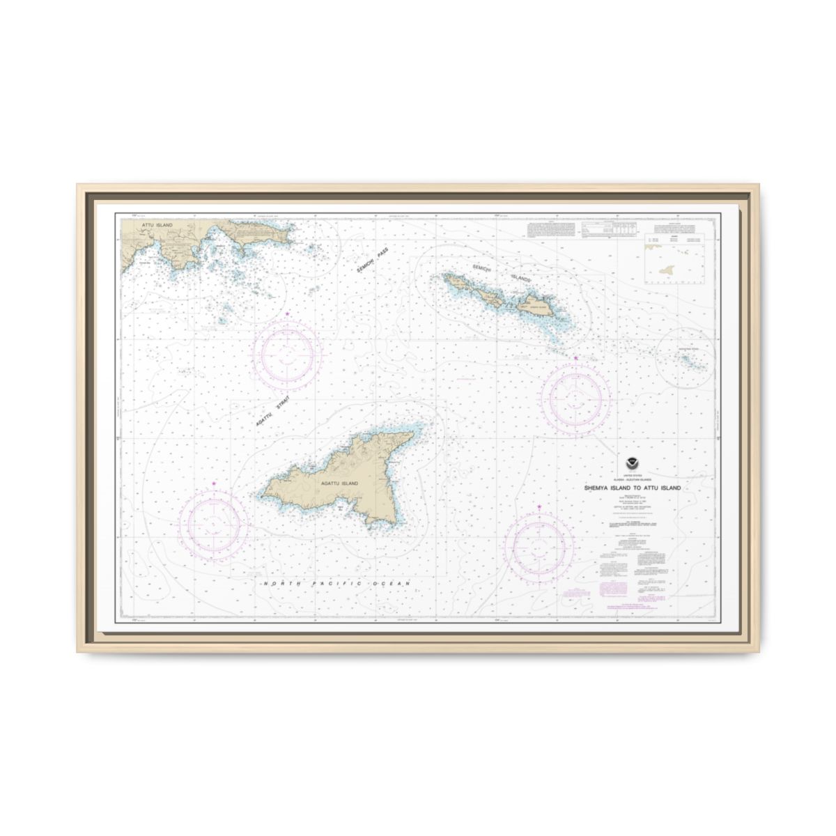 Chart 16423 Shemya Island to Attu Island - NOAA Nautical Chart Floating Frame Canvas | 30" x 20" | 36" x 24" | 48" x 32" - Natural front