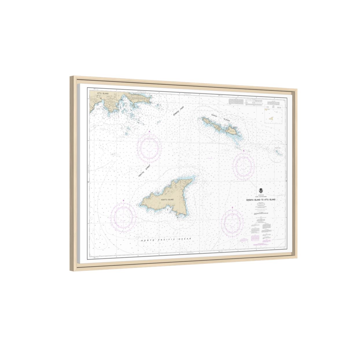 Chart 16423 Shemya Island to Attu Island - NOAA Nautical Chart Floating Frame Canvas | 30" x 20" | 36" x 24" | 48" x 32" - Natural side