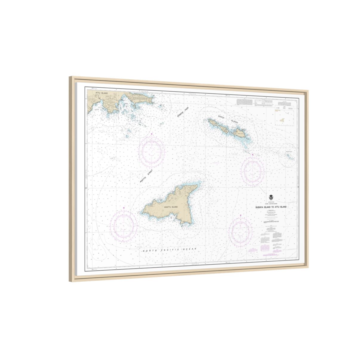 Chart 16423 Shemya Island to Attu Island - NOAA Nautical Chart Floating Frame Canvas | 30" x 20" | 36" x 24" | 48" x 32" - Natural side