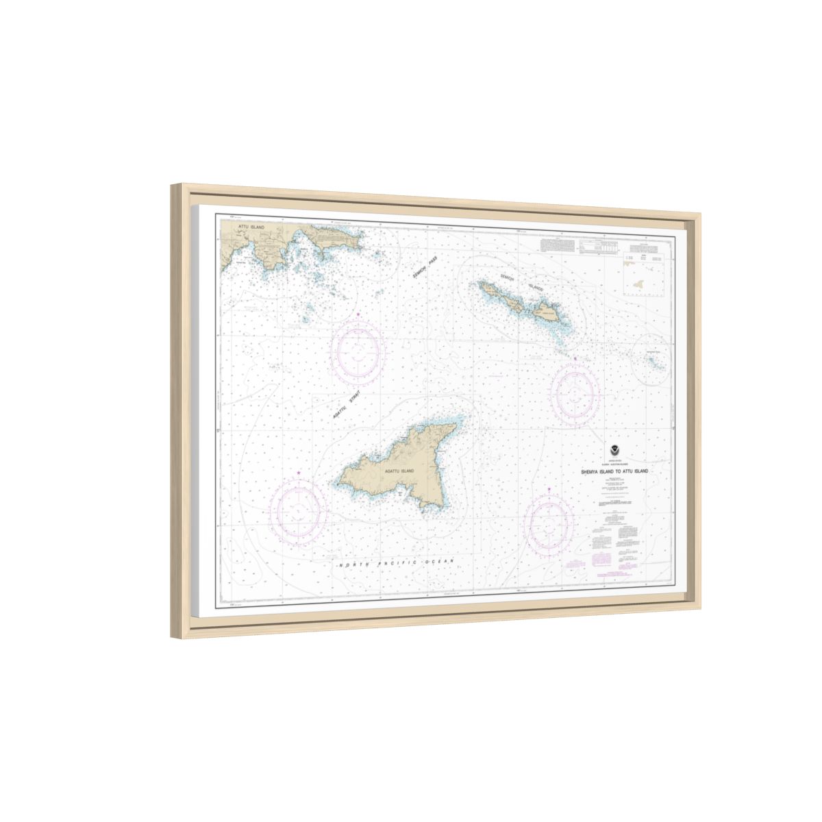Chart 16423 Shemya Island to Attu Island - NOAA Nautical Chart Floating Frame Canvas | 30" x 20" | 36" x 24" | 48" x 32" - Natural side