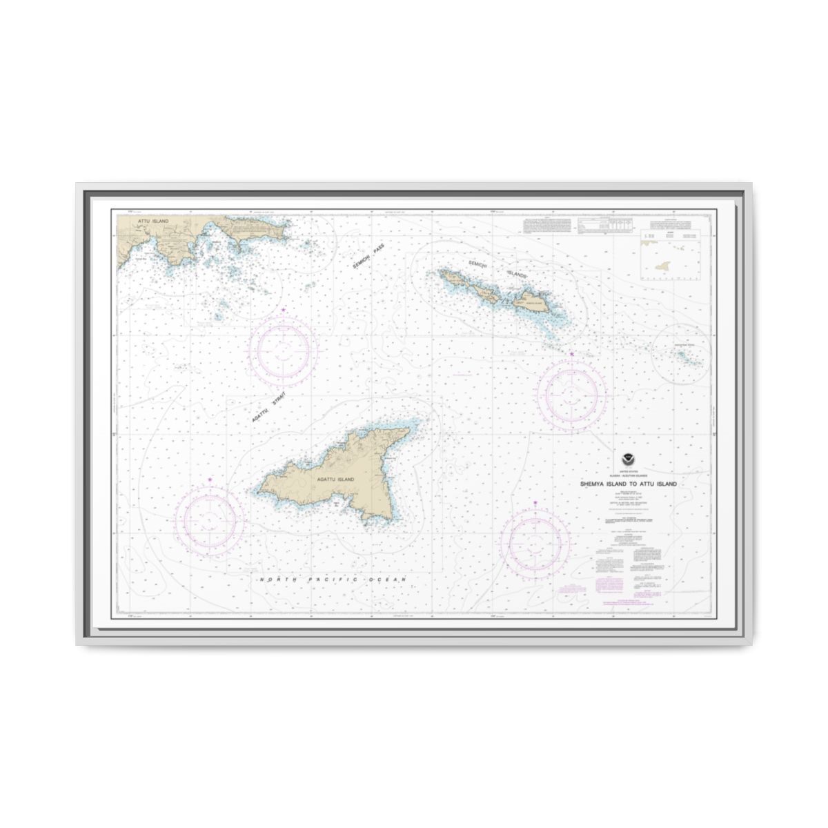 Chart 16423 Shemya Island to Attu Island - NOAA Nautical Chart Floating Frame Canvas | 30" x 20" | 36" x 24" | 48" x 32" - White front
