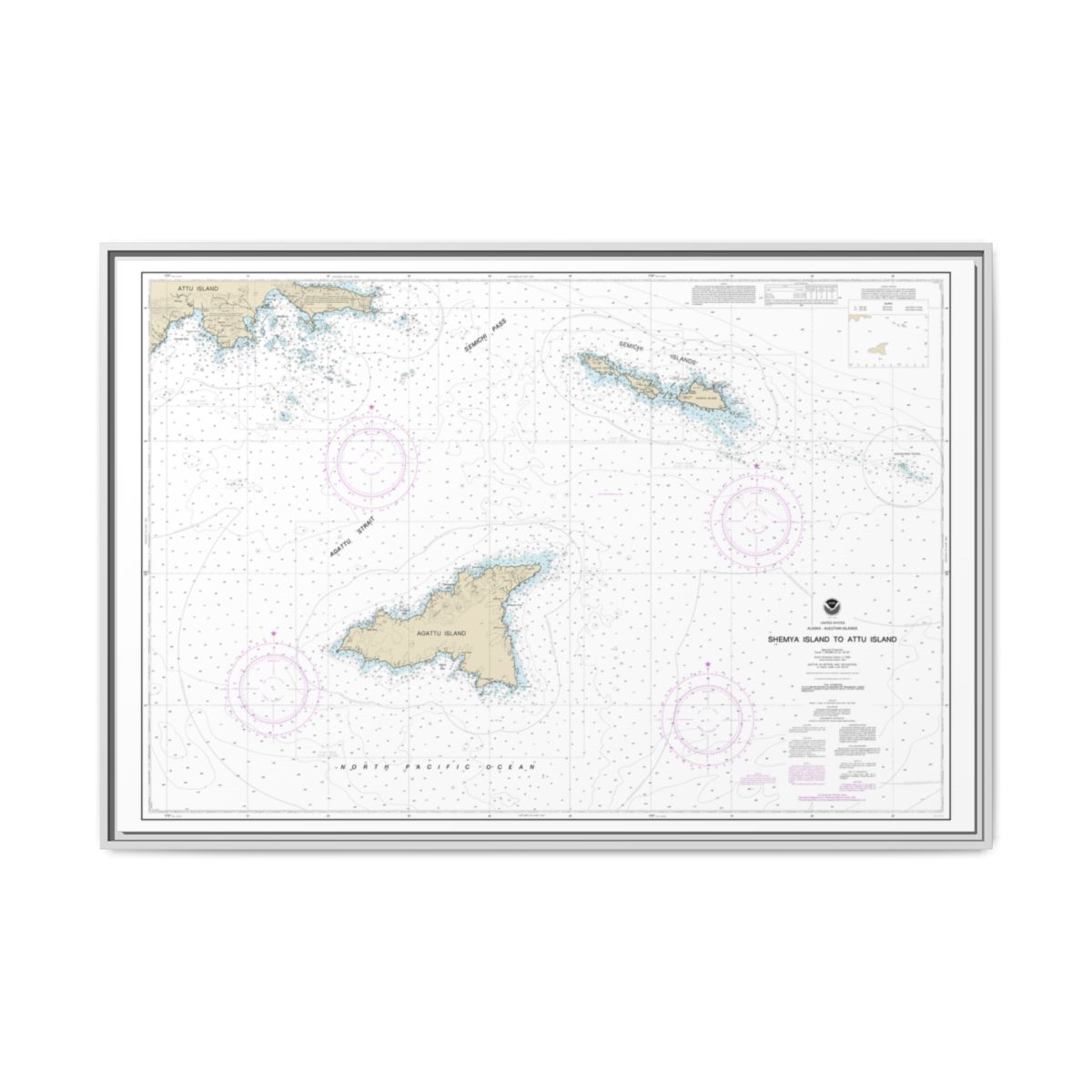 Chart 16423 Shemya Island to Attu Island - NOAA Nautical Chart Floating Frame Canvas | 30" x 20" | 36" x 24" | 48" x 32" - White front