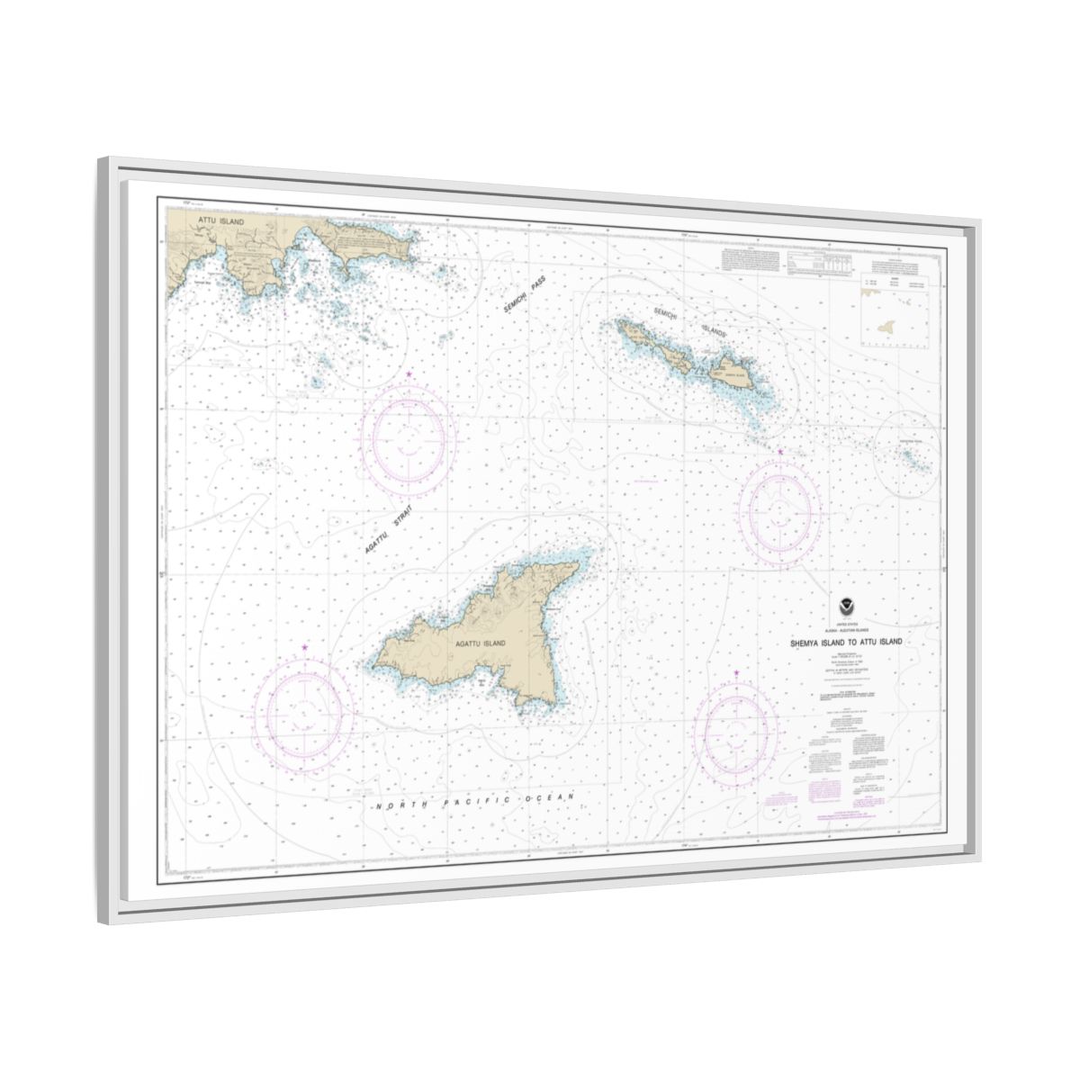 Chart 16423 Shemya Island to Attu Island - NOAA Nautical Chart Floating Frame Canvas | 30" x 20" | 36" x 24" | 48" x 32" - White side
