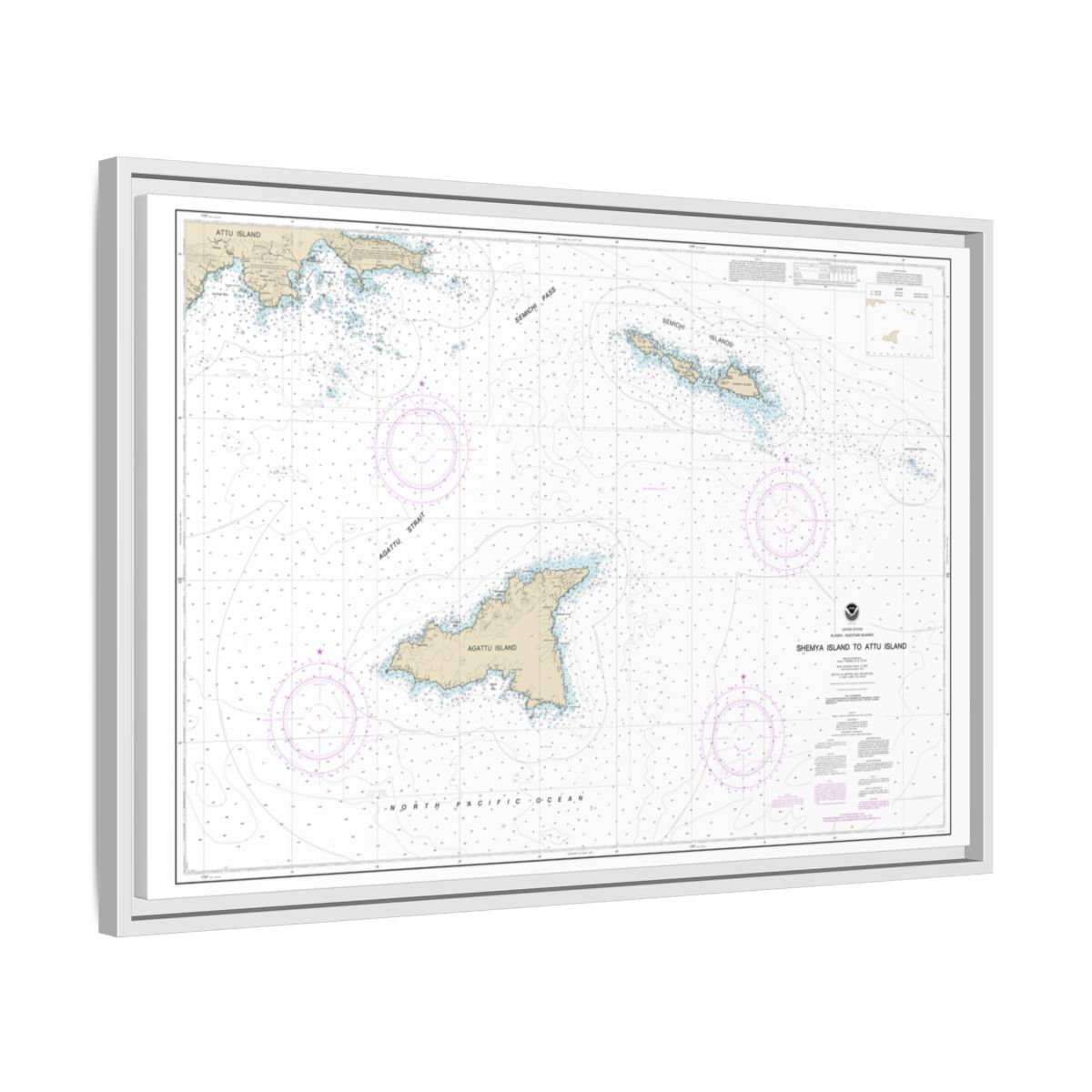 Chart 16423 Shemya Island to Attu Island - NOAA Nautical Chart Floating Frame Canvas | 30" x 20" | 36" x 24" | 48" x 32" - White side