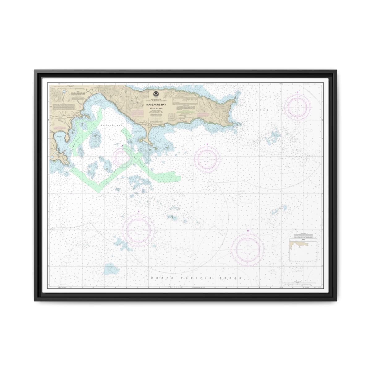 Chart 16432 Massacre Bay - NOAA Nautical Chart Floating Frame Canvas | 32" x 24" | 40" x 30" - Black front