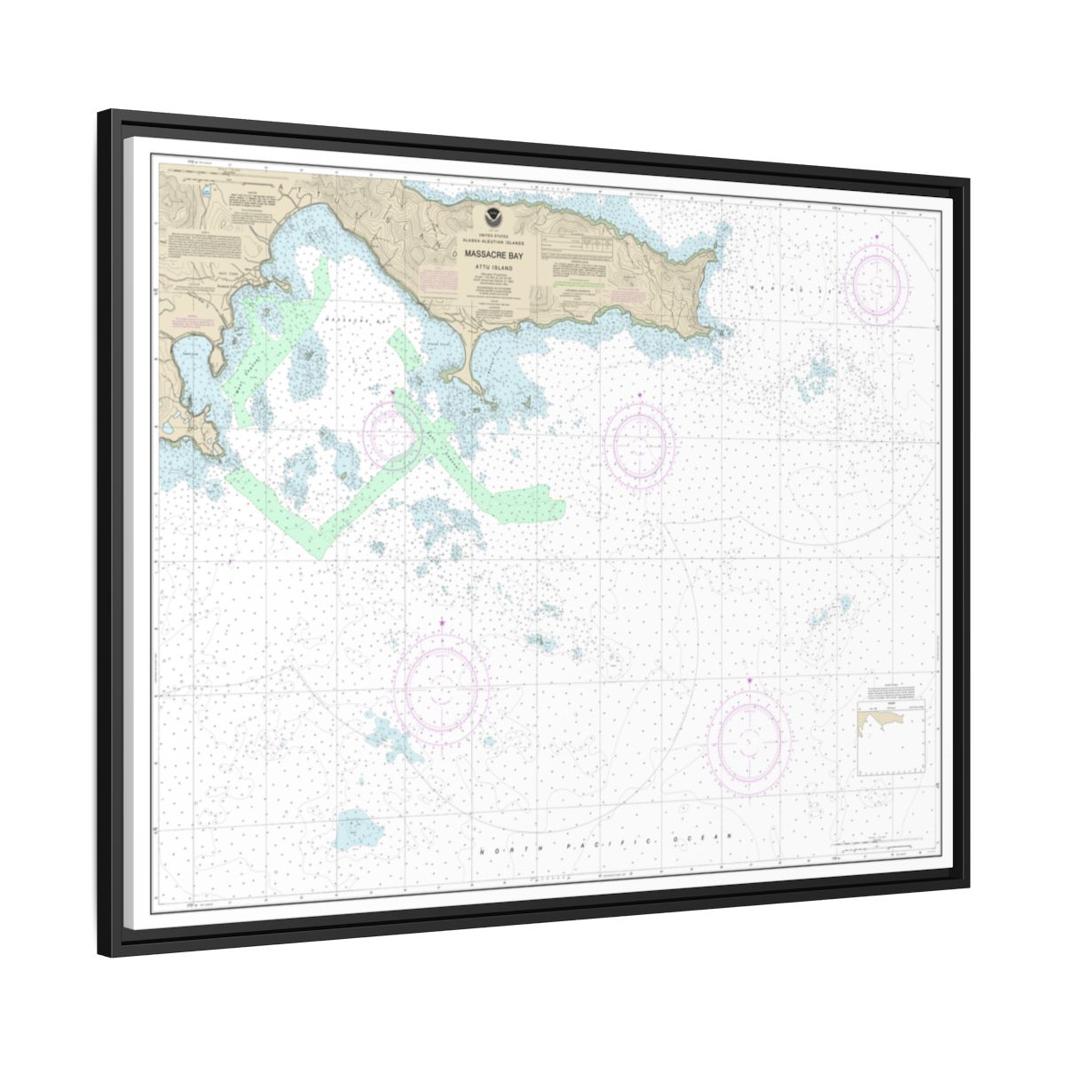 Chart 16432 Massacre Bay - NOAA Nautical Chart Floating Frame Canvas | 32" x 24" | 40" x 30" - Black side