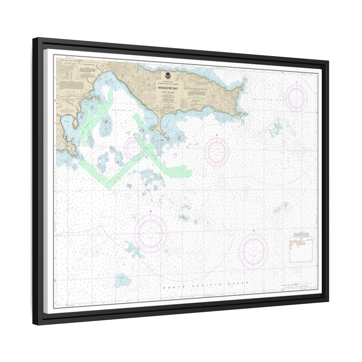 Chart 16432 Massacre Bay - NOAA Nautical Chart Floating Frame Canvas | 32" x 24" | 40" x 30" - Black side