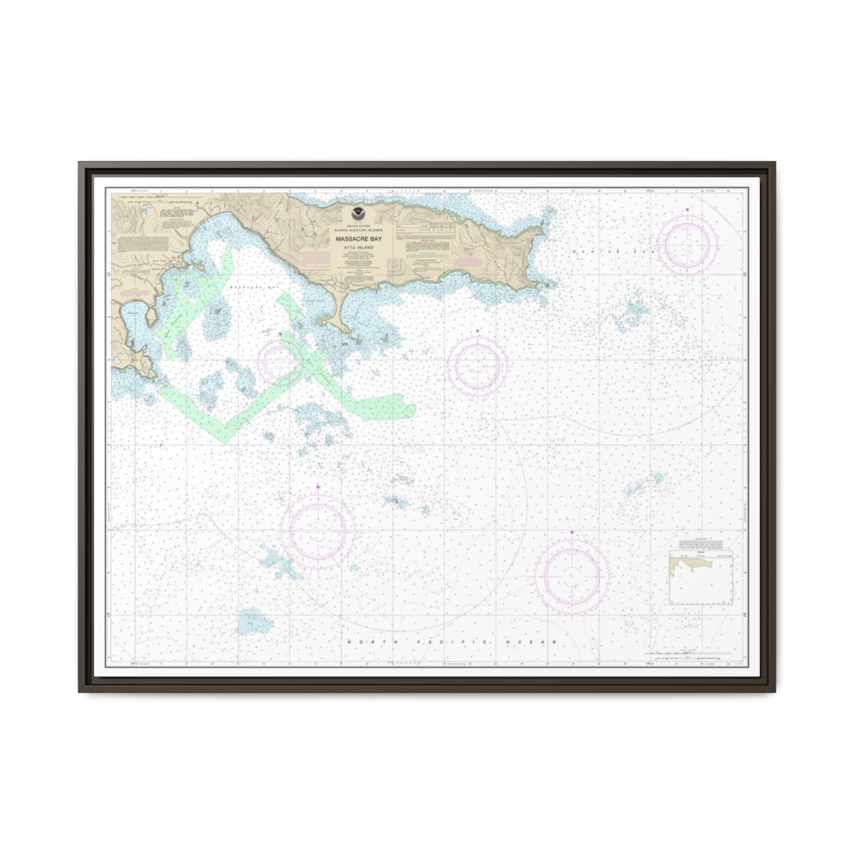 Chart 16432 Massacre Bay - NOAA Nautical Chart Floating Frame Canvas | 32" x 24" | 40" x 30" - Espresso front