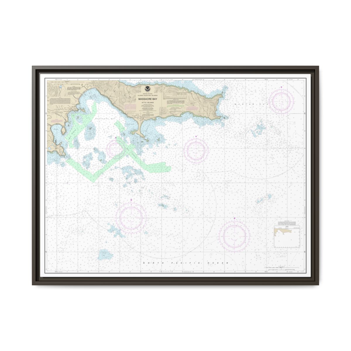Chart 16432 Massacre Bay - NOAA Nautical Chart Floating Frame Canvas | 32" x 24" | 40" x 30" - Espresso front