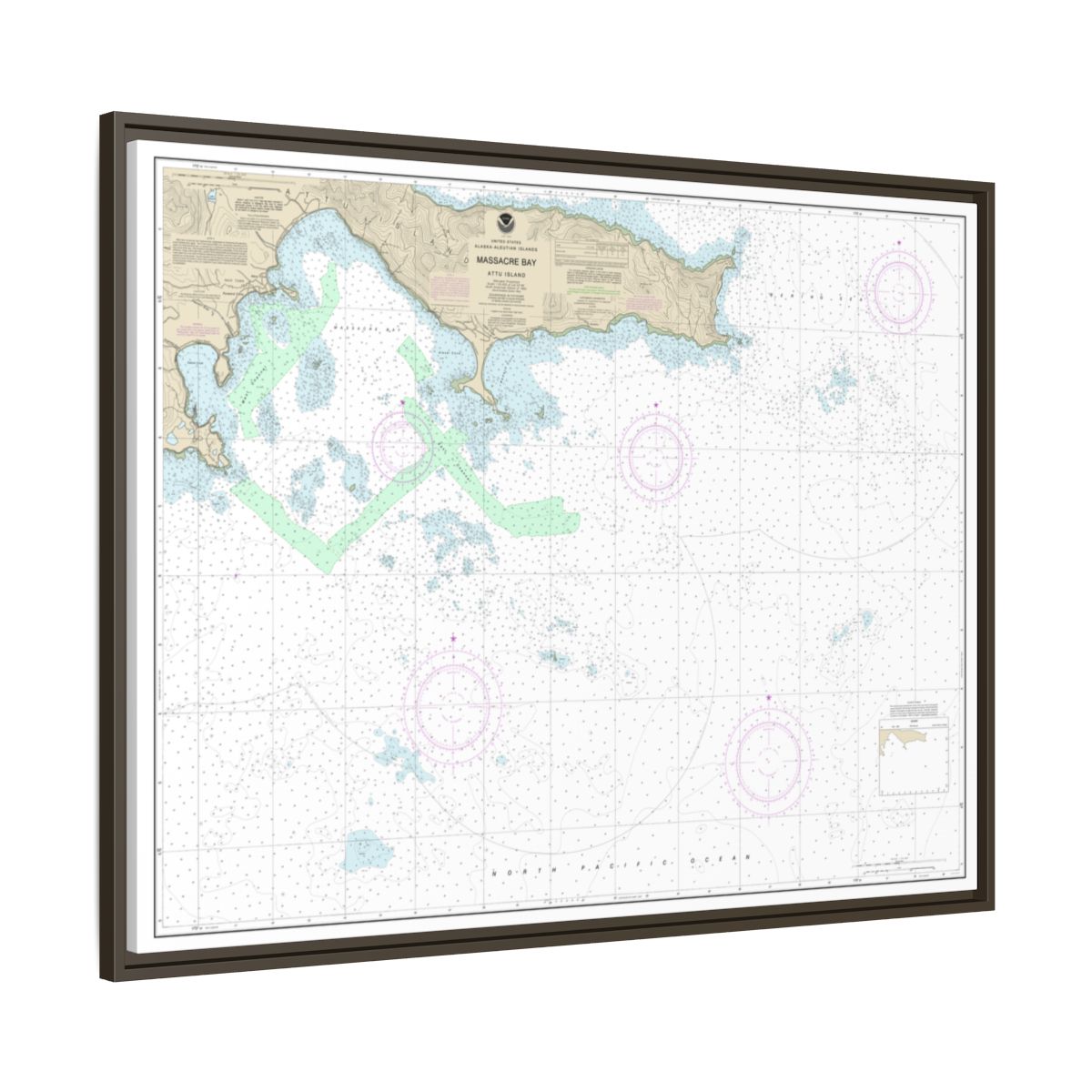 Chart 16432 Massacre Bay - NOAA Nautical Chart Floating Frame Canvas | 32" x 24" | 40" x 30" - Espresso side