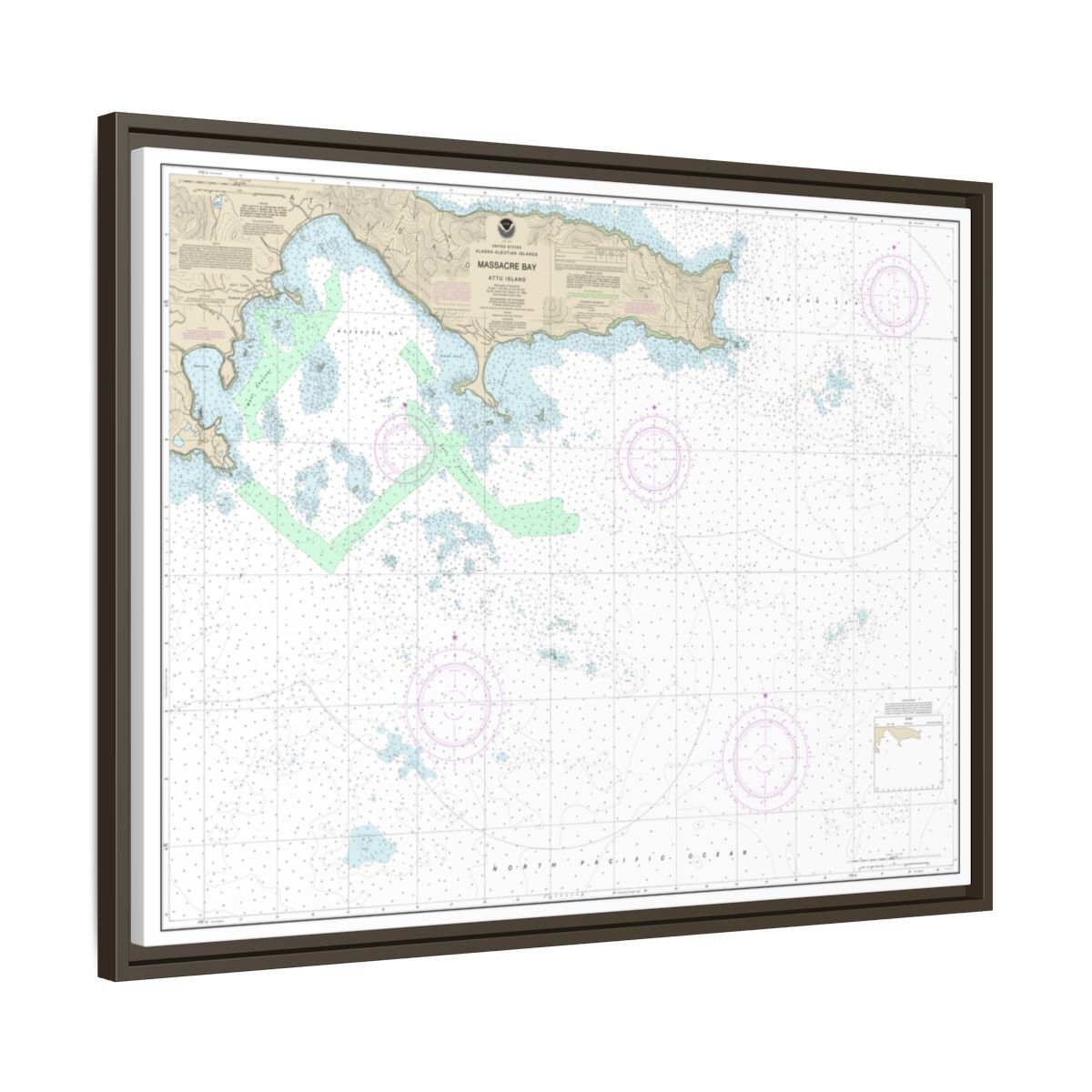 Chart 16432 Massacre Bay - NOAA Nautical Chart Floating Frame Canvas | 32" x 24" | 40" x 30" - Espresso side